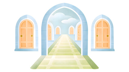Fototapeta premium surreal landscape of mind concept. brain power with digital cyber surrealist abstract concept in minimal pastel style. surreal dream corridor glowing doors infinite. watercolor illustration.