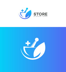 Herbal Pharmacy Store Logo Design Mortar, Pestle, Leaf, Plus Sign