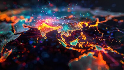 Cyberspace maping with futuristic international telecommunication network, concept about global data transfer, background with colourful abstract dynamic gradient line flows connecting cityspace aroun