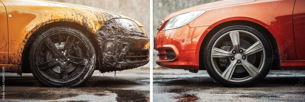 Poster side by side comparison of a dirty scratched car next to a shiny polished vehicle showcasing the eff