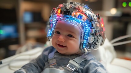 Smiling Baby Wearing Futuristic Light-up Helmet in Scientific Research Setting