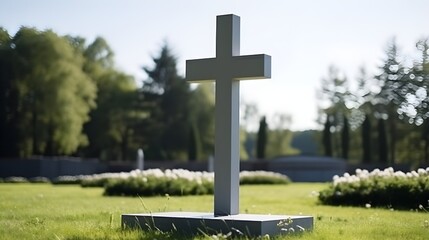 Simple Grey Cross Grave Marker in Peaceful Cemetery Park Setting
