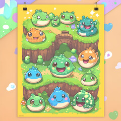 Happy cartoon creatures on a whimsical landscape, playing near a small bridge. Ideal for children's books, games, or websites