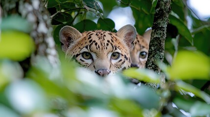 Obraz premium Ocelots hiding in rainforest tree, wildlife