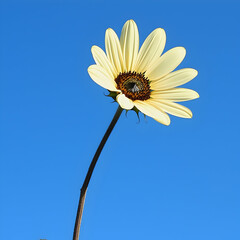 Cream-colored daisy against a vibrant blue sky; a single stem and a small insect in the center; nature photography for greeting cards and websites