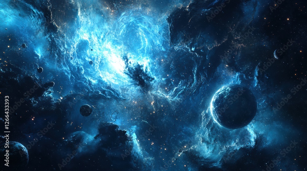 Poster exploring cosmic wonders with vibrant blue galaxies and celestial bodies in a stunning space backdro
