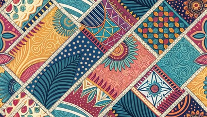 Fototapeta premium Abstract Patchwork Line Art: Geometric Textile Design, Modern Straight Line Pattern, Colorful Fabric Background