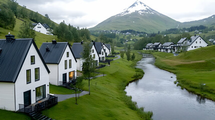 Obraz premium Mountain village homes, river valley, scenic view, travel brochure