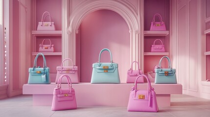 An elegant display of pastel-colored handbags arranged on shelves, showcasing a chic and stylish ambiance.