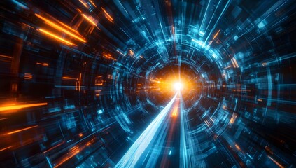 Futuristic tunnel, speed, glowing lines, digital world