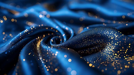 Abstract blue background with gold sparkles. Blue silk fabric with glitter