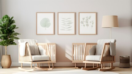 Modern Nursery Interior Design with Wooden Rocking Chairs Neutral Decor and Botanical Prints