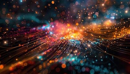 Fototapeta premium Cyberspace maping with futuristic international telecommunication network, concept about global data transfer, background with colourful abstract dynamic gradient line flows connecting cityspace aroun