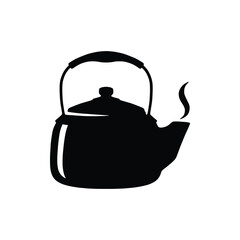 Tea kettle with steam logo design concept. Vintage kettle silhouette simple illustration, vector.