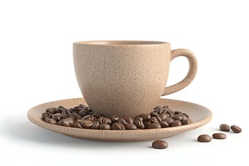 Coffee cup with coffee beans on white background.