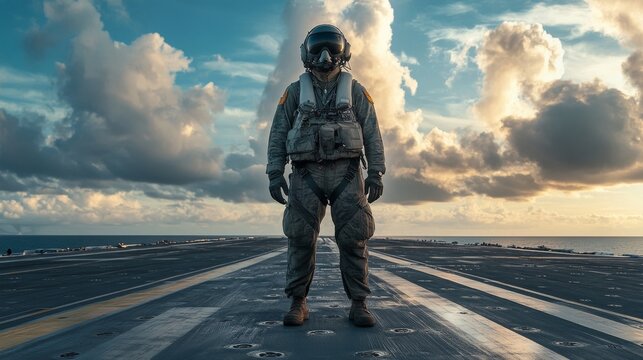 Military pilot standing on aircraft carrier deck at sunset