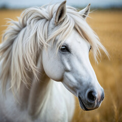 Obraz premium Serene White Horse with Gentle Expression Against Golden Field Background