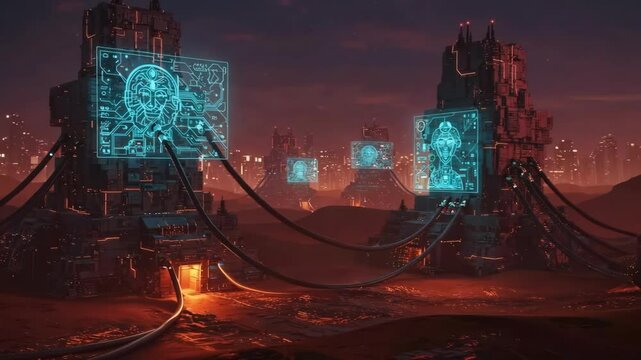Futuristic Cityscape With Digital Screens Displaying Faces On A Red Planet At Night