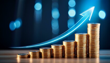 急成長する投資利益: 金貨の積み重ねと上昇する矢印が示す成功の象徴