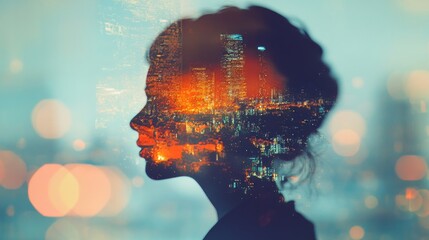 Abstract double exposure of blurred business people silhouettes with futuristic technology graphic design elements, showcasing digital connections, data flow, and innovation in a modern corporate envi
