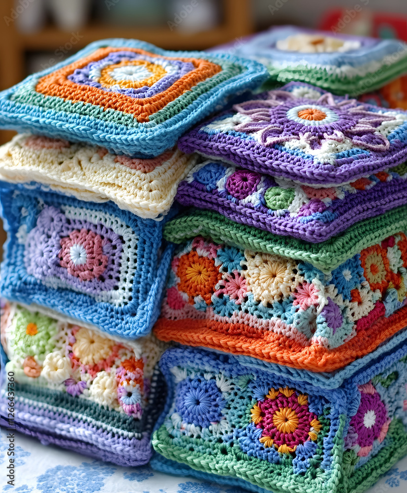 Poster a vibrant stack of colorful crochet squares, showcasing intricate patterns and textures, perfect for