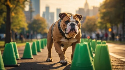 A bulldog walks among green cones in an urban park during sunset.