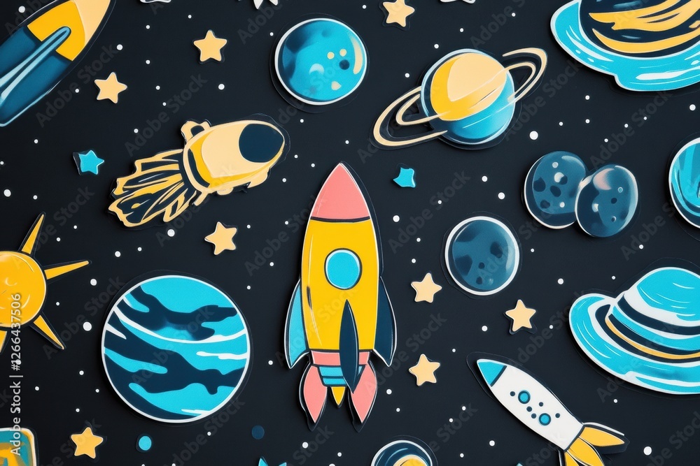 Poster colorful stickers featuring rockets, planets, and stars create a fun space themed design on a dark b