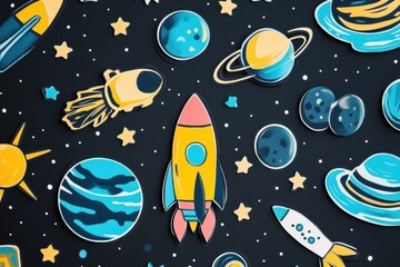 Colorful stickers featuring rockets, planets, and stars create a fun space themed design on a dark background. Generative AI