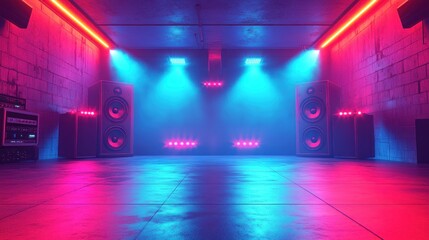 Neon-lit, empty, underground music venue with speakers