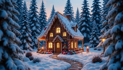 Fototapeta premium Gingerbread House in Snowy Winter Forest with Candies and Warm Light