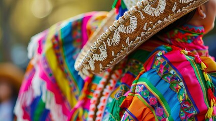 Vibrant Mexican Traditional Dress with Sombrero Colorful Textile Detail Fiesta Celebration