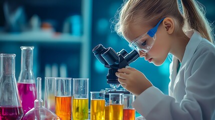 Young Girl Scientist in Laboratory Using Microscope with Colorful Test Tubes