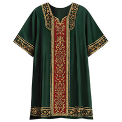 Fototapeta premium colorful traditional tunic with deep green fabric, intricate red and gold embroidery, central vertical design, transparent background, PNG
