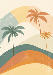 Tropical landscape with abstract hills and palm trees