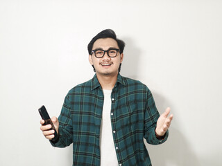 Adult Asian man showing cheerful face expression with both hands open isolated on white background
