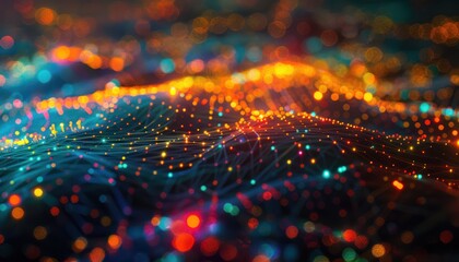 Fototapeta premium Cyberspace maping with futuristic international telecommunication network, concept about global data transfer, background with colourful abstract dynamic gradient line flows connecting cityspace aroun