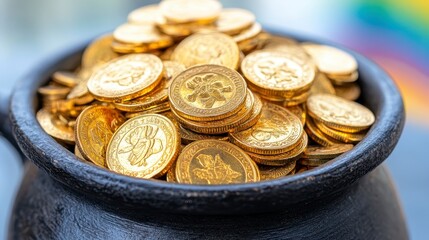 Golden Coins in Black Pot Displaying Abundance and Wealth