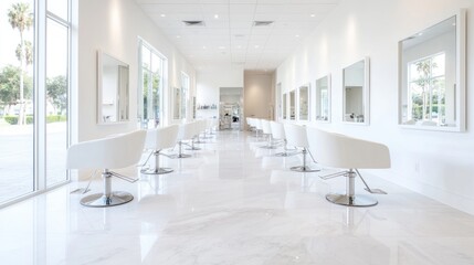 Modern hair salon interior, white chairs, bright space, natural light