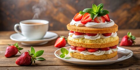 Layered Strawberry Shortcake Dessert with Whipped Cream and Fresh Mint on Rustic Wooden Table