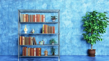 Metal Bookshelf with Books and Plants in Blue Room
