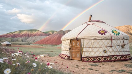 Ethereal Yurt in a Rainbow Valley: Surreal Landscape Photography