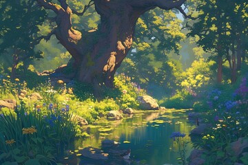Stream flows under a large tree in a sunny forest, nature background