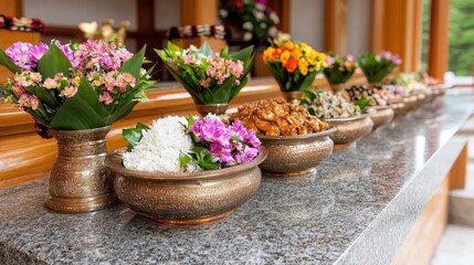 Floral offerings on granite altar, temple ceremony, likely for ancestor worship