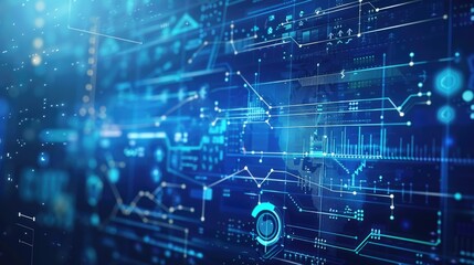 Obraz premium Abstract high tech blue screen background with circle graphs and diagrams