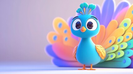 Obraz premium Cute Colorful Cartoon Peacock with Big Eyes and Bright Feathers
