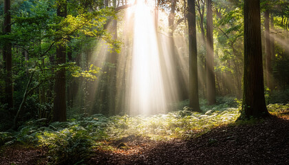 Obraz premium bright beam of light breaking through dense forest symbolizes hope and positive transformation
