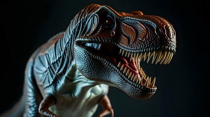Detailed Tyrannosaurus Rex Portrait with Open Mouth Against Black Background