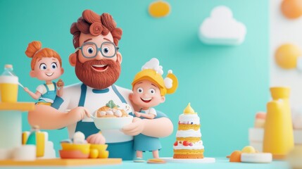 Fototapeta premium Happy Family Baking Together in Colorful Kitchen Scene