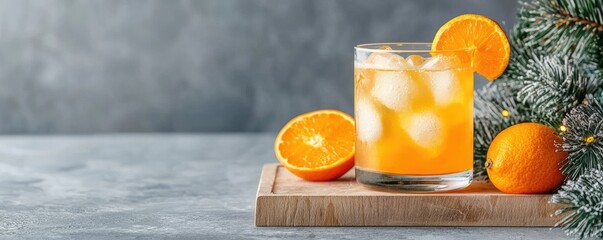 drinks mocktail fizzy concept. Refreshing orange drink with ice, garnished with fresh oranges on a wooden surface.