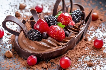 Fototapeta premium Mousse coklat yang lezat diatapi dengan stroberi segar dan beku kering di dalam toples kaca with generative ai
